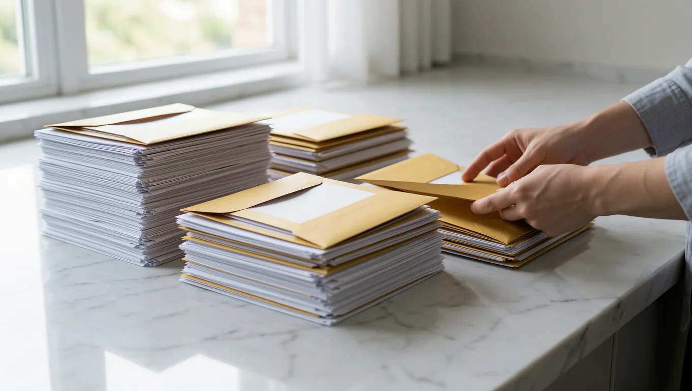 Hands organizing important financial documents on a marble surface