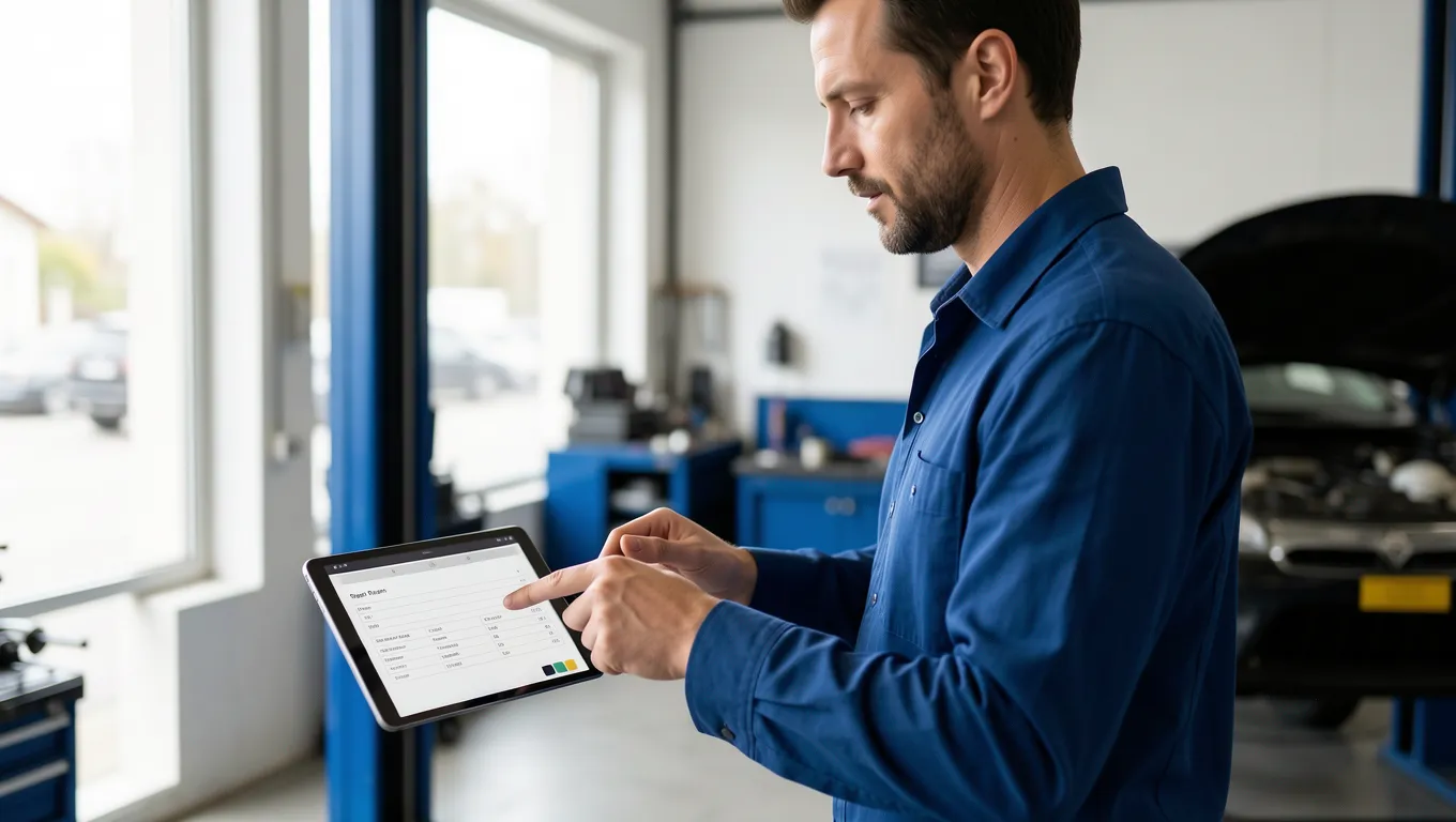 Mechanic showing a digital repair estimate on a tablet