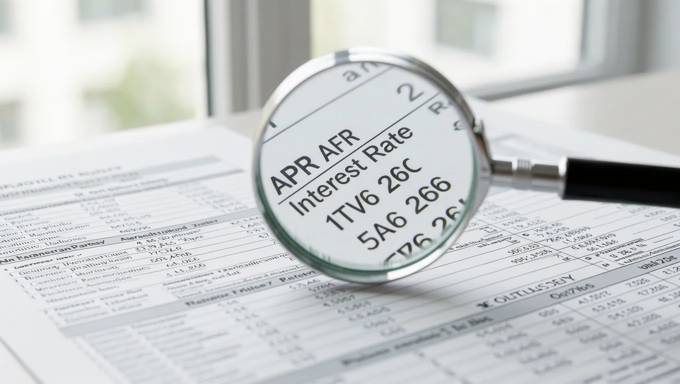 Magnifying glass examining the difference between APR and interest rates on a loan document