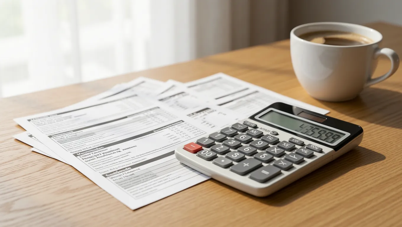 Monthly financial documents and a calculator on a desk